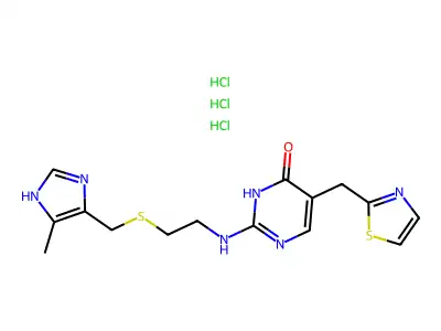 4(1H)-Pyrimidinone, 2-((2-(((5-methyl-1H-imidazol-4-yl)methyl)thio)ethyl)amino)-5-(2-thiazolylmethyl)-, trihydrochloride structure