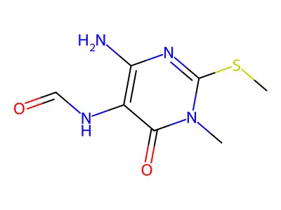 N-(4-amino-1-methyl-2-methylsulfanyl-6-oxopyrimidin-5-yl)formamide structure