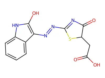 {(2E)-4-oxo-2-[(2Z)-(2-oxo-1,2-dihydro-3H-indol-3-ylidene)hydrazinylidene]-1,3-thiazolidin-5-yl}acetic acid structure