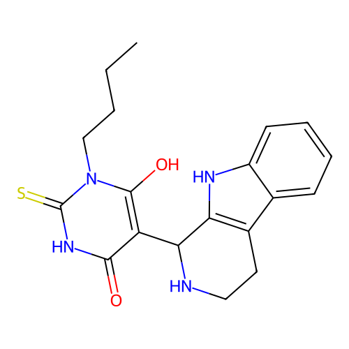 3-butyl-6-hydroxy-5-(2,3,4,9-tetrahydro-1H-pyrido[3,4-b]indol-1-yl)-2-thioxo-2,3-dihydropyrimidin-4(1H)-one structure