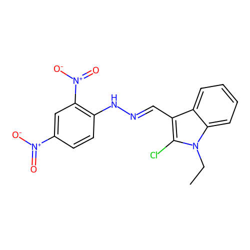 N-[(E)-(2-chloro-1-ethylindol-3-yl)methylideneamino]-2,4-dinitroaniline structure