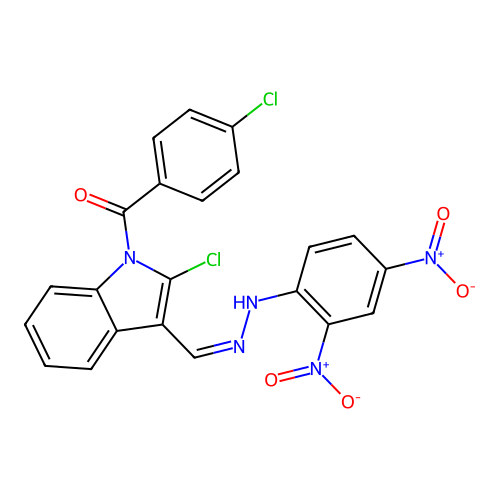 [2-chloro-3-[(Z)-[(2,4-dinitrophenyl)hydrazinylidene]methyl]indol-1-yl]-(4-chlorophenyl)methanone structure