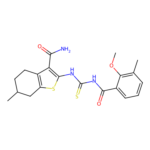 2-({[(2-methoxy-3-methylphenyl)carbonyl]carbamothioyl}amino)-6-methyl-4,5,6,7-tetrahydro-1-benzothiophene-3-carboxamide structure