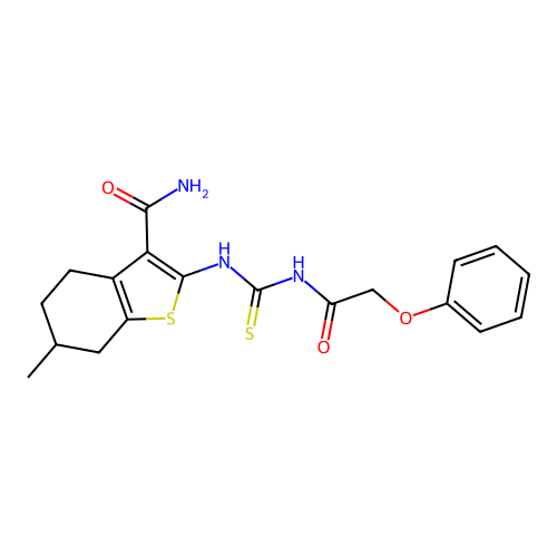 6-methyl-2-(3-(2-phenoxyacetyl)thioureido)-4,5,6,7-tetrahydrobenzo[b]thiophene-3-carboxamide structure