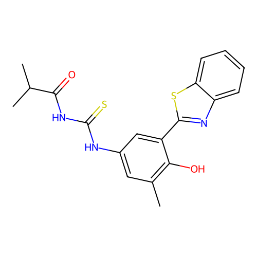 N-((3-(benzo[d]thiazol-2-yl)-4-hydroxy-5-methylphenyl)carbamothioyl)isobutyramide structure