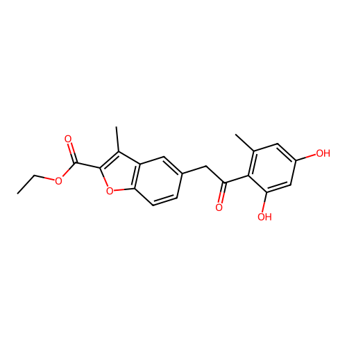 ethyl 5-[2-(2,4-dihydroxy-6-methylphenyl)-2-oxoethyl]-3-methyl-1-benzofuran-2-carboxylate structure