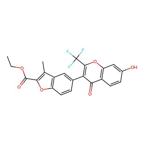 ethyl 5-(7-hydroxy-4-oxo-2-(trifluoromethyl)-4H-chromen-3-yl)-3-methylbenzofuran-2-carboxylate structure