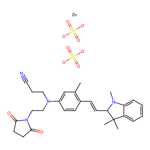 Zinc(4+), bis(2-(2-(4-((2-cyanoethyl)(2-(2,5-dioxo-1-pyrrolidinyl)ethyl)amino)-2-methylphenyl)ethenyl)-1,3,3-trimethyl-3H-indolium)-, sulfate (1:2) structure