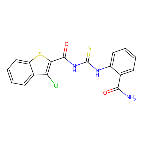 N-[(2-carbamoylphenyl)carbamothioyl]-3-chloro-1-benzothiophene-2-carboxamide structure