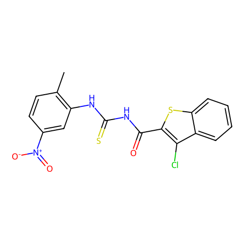 3-chloro-N-[(2-methyl-5-nitrophenyl)carbamothioyl]-1-benzothiophene-2-carboxamide structure