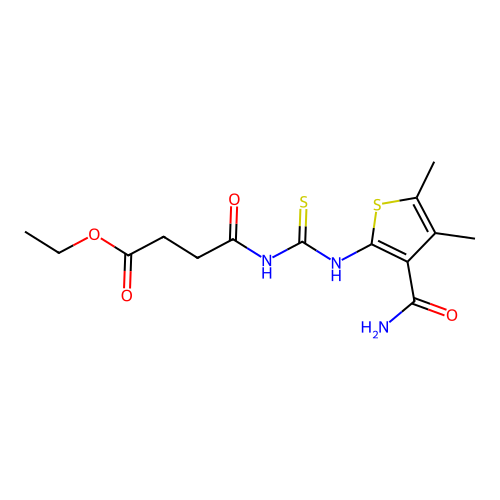 ethyl 4-[({[3-(aminocarbonyl)-4,5-dimethyl-2-thienyl]amino}carbonothioyl)amino]-4-oxobutanoate structure