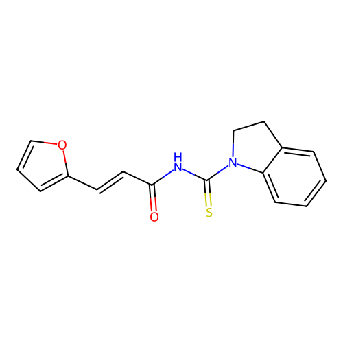 (2E)-3-(2-furyl)-N-(indolinylthioxomethyl)prop-2-enamide structure