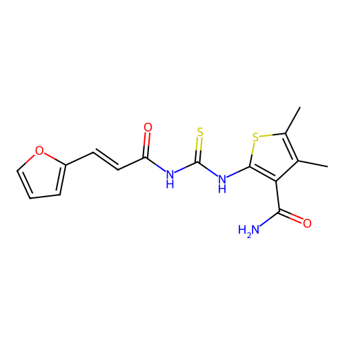 2-[({[3-(2-furyl)acryloyl]amino}carbonothioyl)amino]-4,5-dimethyl-3-thiophenecarboxamide structure