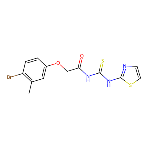 2-(4-bromo-3-methylphenoxy)-N-(1,3-thiazol-2-ylcarbamothioyl)acetamide structure
