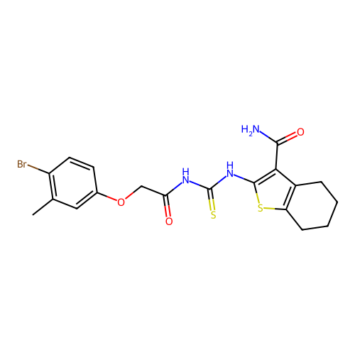 2-[({[(4-bromo-3-methylphenoxy)acetyl]amino}carbonothioyl)amino]-4,5,6,7-tetrahydro-1-benzothiophene-3-carboxamide structure