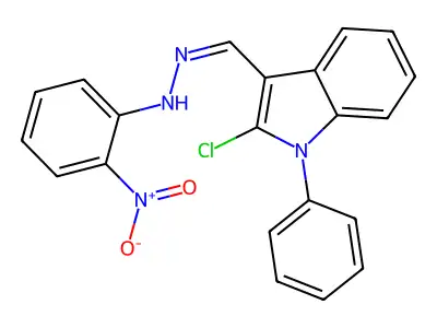 N-[(2-chloro-1-phenylindol-3-yl)methylideneamino]-2-nitroaniline structure