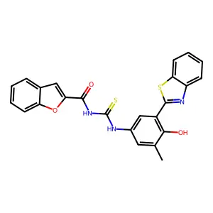 N-{[3-(1,3-benzothiazol-2-yl)-4-hydroxy-5-methylphenyl]carbamothioyl}-1-benzofuran-2-carboxamide structure