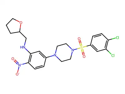 5-[4-(3,4-dichlorophenyl)sulfonylpiperazin-1-yl]-2-nitro-N-(oxolan-2-ylmethyl)aniline structure