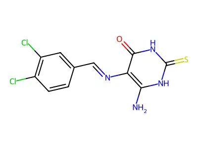 6-amino-5-[(3,4-dichlorophenyl)methylideneamino]-2-sulfanylidene-1H-pyrimidin-4-one structure