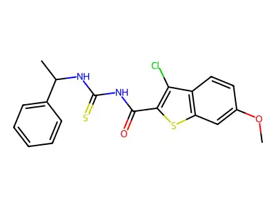 3-chloro-6-methoxy-N-(1-phenylethylcarbamothioyl)-1-benzothiophene-2-carboxamide structure