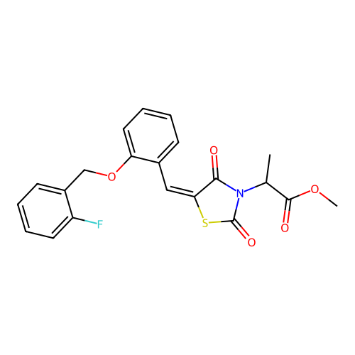 methyl 2-[(5E)-5-{2-[(2-fluorobenzyl)oxy]benzylidene}-2,4-dioxo-1,3-thiazolidin-3-yl]propanoate structure