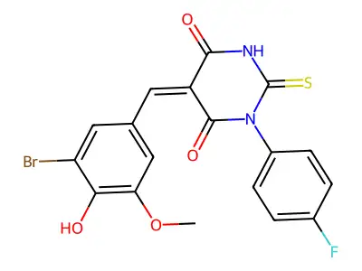 (5Z)-5-[(3-bromo-4-hydroxy-5-methoxyphenyl)methylidene]-1-(4-fluorophenyl)-2-sulfanylidene-1,3-diazinane-4,6-dione structure