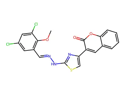 3-[2-[2-[(3,5-dichloro-2-methoxyphenyl)methylidene]hydrazinyl]-1,3-thiazol-4-yl]chromen-2-one structure