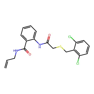 2-[[2-[(2,6-dichlorophenyl)methylsulfanyl]acetyl]amino]-N-prop-2-enylbenzamide structure