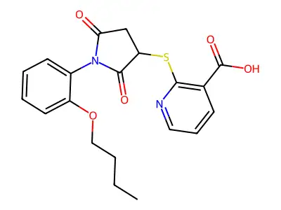 2-((1-(2-Butoxyphenyl)-2,5-dioxopyrrolidin-3-yl)thio)nicotinic acid structure