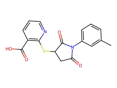 2-[1-(3-Methylphenyl)-2,5-dioxoazolidin-3-ylthio]pyridine-3-carboxylic acid structure