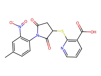2-((1-(4-Methyl-2-nitrophenyl)-2,5-dioxopyrrolidin-3-yl)thio)nicotinic acid structure