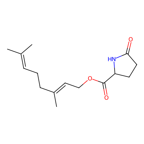 (E)-3,7-Dimethylocta-2,6-dienyl 5-oxo-DL-prolinate structure