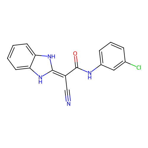 N-(3-chlorophenyl)-2-cyano-2-(1,3-dihydro-2H-benzimidazol-2-ylidene)acetamide structure