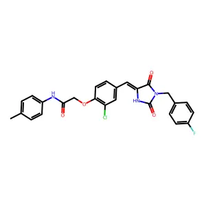 2-(2-chloro-4-{(E)-[1-(4-fluorobenzyl)-2,5-dioxoimidazolidin-4-ylidene]methyl}phenoxy)-N-(4-methylphenyl)acetamide structure