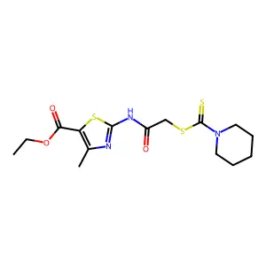 ethyl 4-methyl-2-((((1-piperidinylcarbonothioyl)sulfanyl)acetyl)amino)-1,3-thiazole-5-carboxylate structure