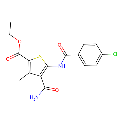 Ethyl 4-carbamoyl-5-[(4-chlorobenzoyl)amino]-3-methylthiophene-2-carboxylate structure