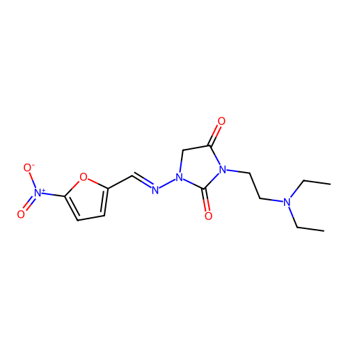3-[2-(diethylamino)ethyl]-1-{[(5-nitro-2-furyl)methylene]amino}imidazolidine-2,4-dione structure