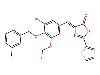 4-[[3-bromo-5-ethoxy-4-[(3-methylphenyl)methoxy]phenyl]methylidene]-2-thiophen-2-yl-1,3-oxazol-5-one structure
