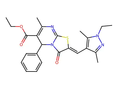 ethyl 2-[(1-ethyl-3,5-dimethylpyrazol-4-yl)methylidene]-7-methyl-3-oxo-5-phenyl-5H-[1,3]thiazolo[3,2-a]pyrimidine-6-carboxylate structure