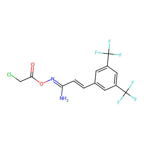O1-(2-chloroacetyl)-3-[3,5-di(trifluoromethyl)phenyl]prop-2-enehydroximamide structure