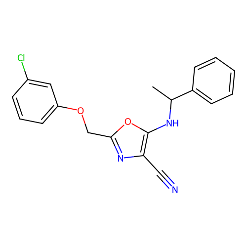 2-[(3-Chlorophenoxy)methyl]-5-[(1-phenylethyl)amino]-1,3-oxazole-4-carbonitrile structure