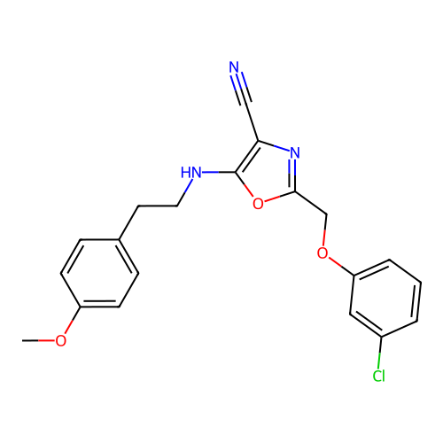 2-[(3-chlorophenoxy)methyl]-5-{[2-(4-methoxyphenyl)ethyl]amino}-1,3-oxazole-4-carbonitrile structure