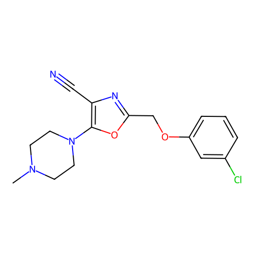 2-[(3-chlorophenoxy)methyl]-5-(4-methylpiperazin-1-yl)-1,3-oxazole-4-carbonitrile structure