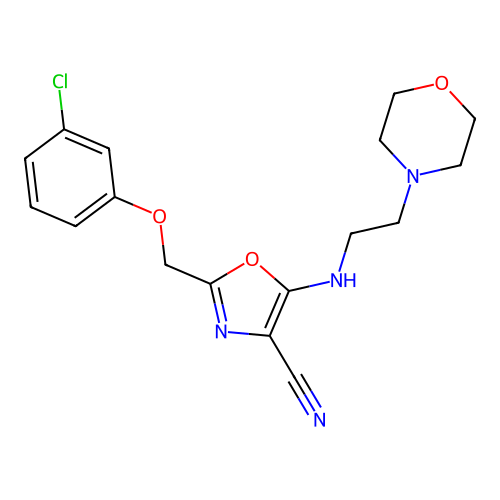 2-[(3-chlorophenoxy)methyl]-5-(2-morpholin-4-ylethylamino)-1,3-oxazole-4-carbonitrile structure