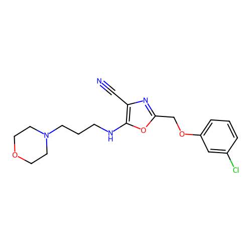 2-[(3-chlorophenoxy)methyl]-5-(3-morpholin-4-ylpropylamino)-1,3-oxazole-4-carbonitrile structure
