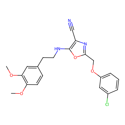 2-[(3-chlorophenoxy)methyl]-5-{[2-(3,4-dimethoxyphenyl)ethyl]amino}-1,3-oxazole-4-carbonitrile structure