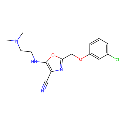 2-((3-chlorophenoxy)methyl)-5-((2-(dimethylamino)ethyl)amino)oxazole-4-carbonitrile structure