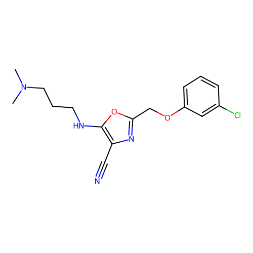 2-[(3-chlorophenoxy)methyl]-5-{[3-(dimethylamino)propyl]amino}-1,3-oxazole-4-carbonitrile structure