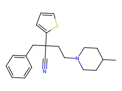 2-Benzyl-4-(4-methylpiperidin-1-yl)-2-(thiophen-2-yl)butanenitrile structure