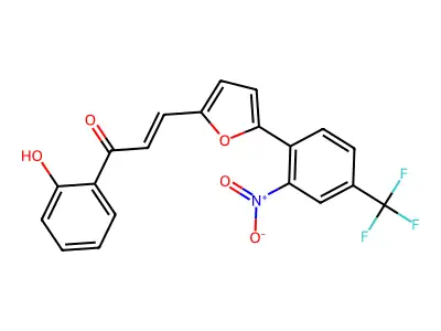 1-(2-hydroxyphenyl)-3-{5-[2-nitro-4-(trifluoromethyl)phenyl]-2-furyl}prop-2-en-1-one structure